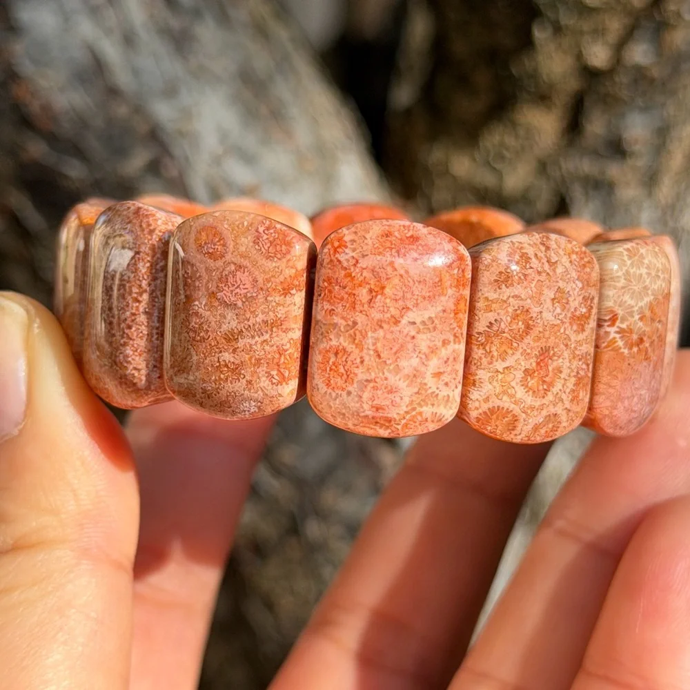 Stretchable red fossilized coral‎ soft bangle 0699
